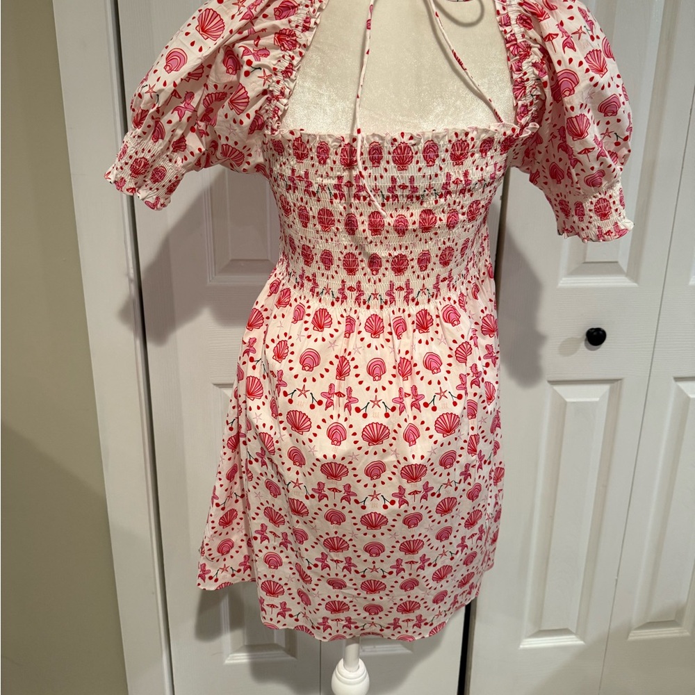 Hill House Pink Shell-Print Smocked Midi Dress, Size S - Picture 9 of 14
